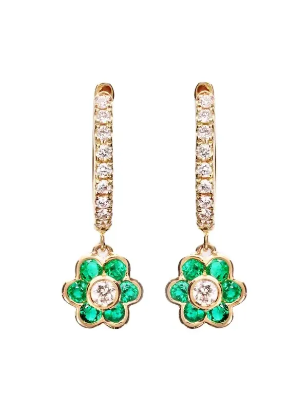 Flora 18kt gold huggie earrings with diamonds and emeralds Flora 18kt gold huggie earrings with diamonds and emeralds