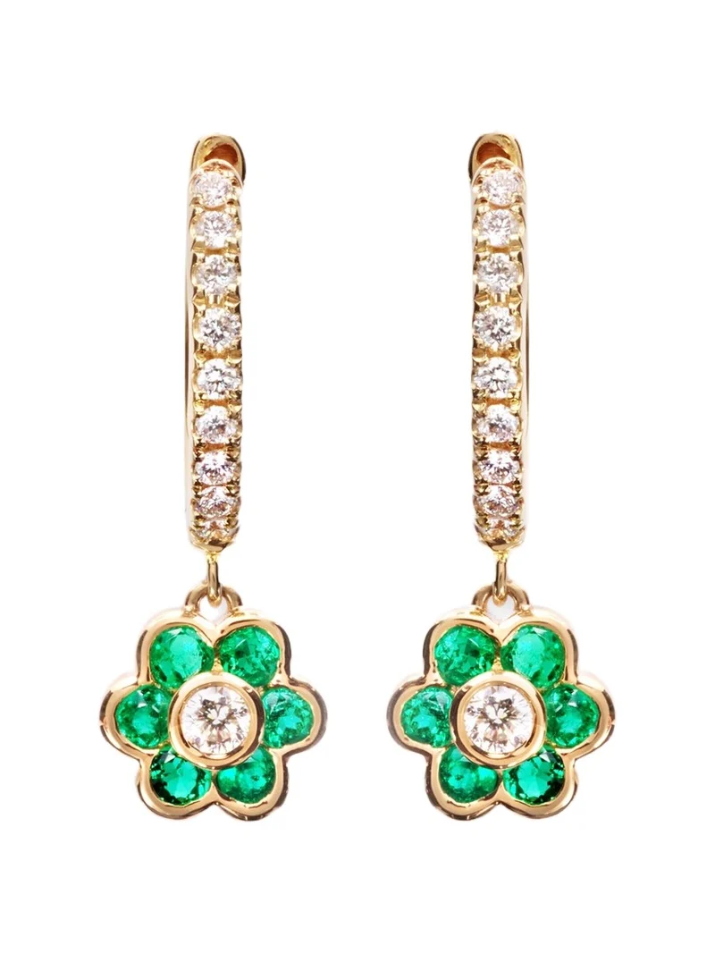 Flora 18kt gold huggie earrings with diamonds and emeralds