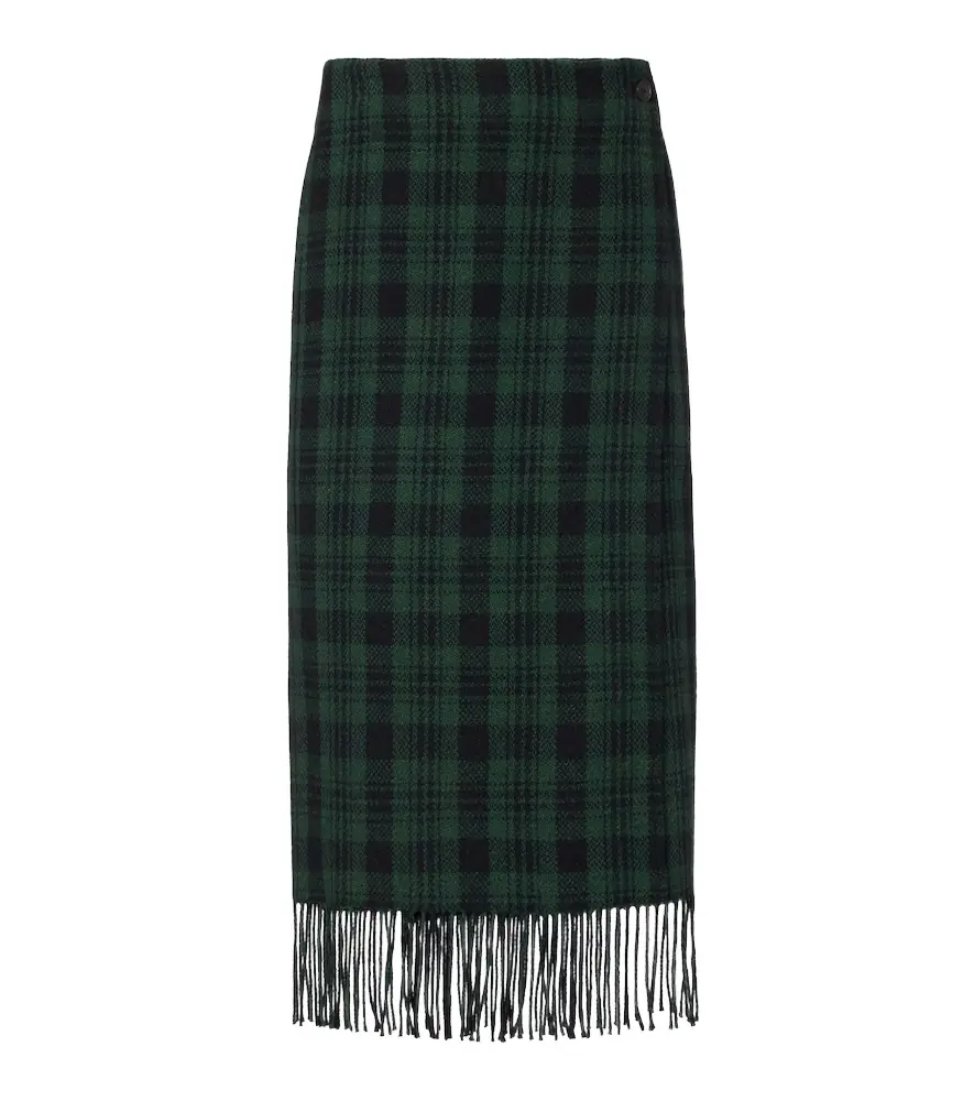 Polo Ralph Lauren Checked fringed wool-blend wrap skirt