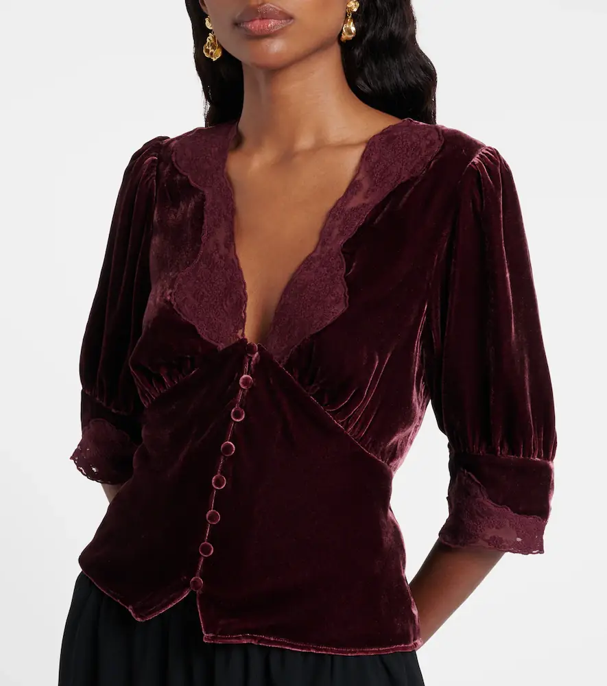 Rixo Amanda lace-trimmed velvet top | Thumbnail 2