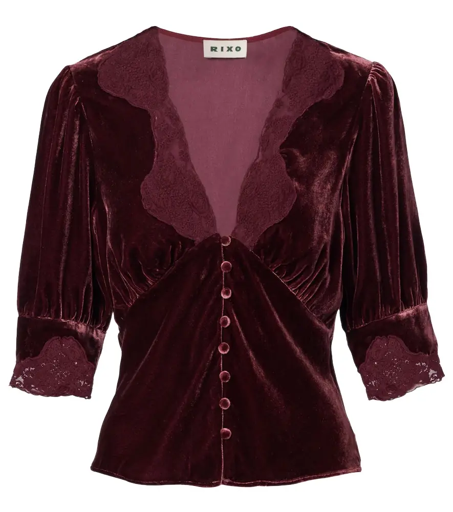 Rixo Amanda lace-trimmed velvet top | Image 1 Rixo Amanda lace-trimmed velvet top | Image 1