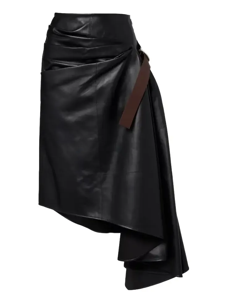Asymmetric draped leather midi skirt