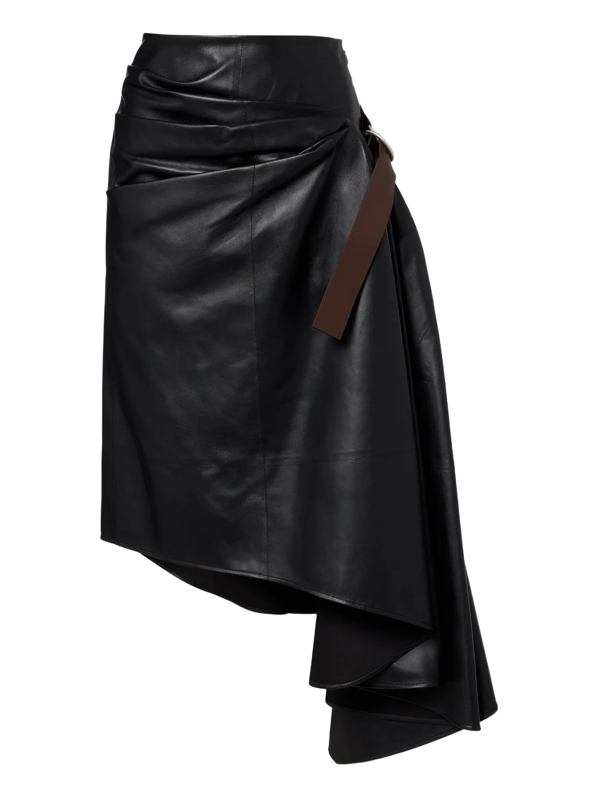 Asymmetric draped leather midi skirt