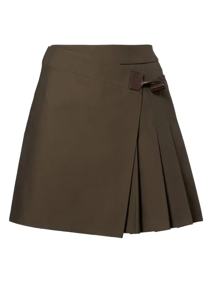 Leather-trimmed cotton-blend wrap skirt