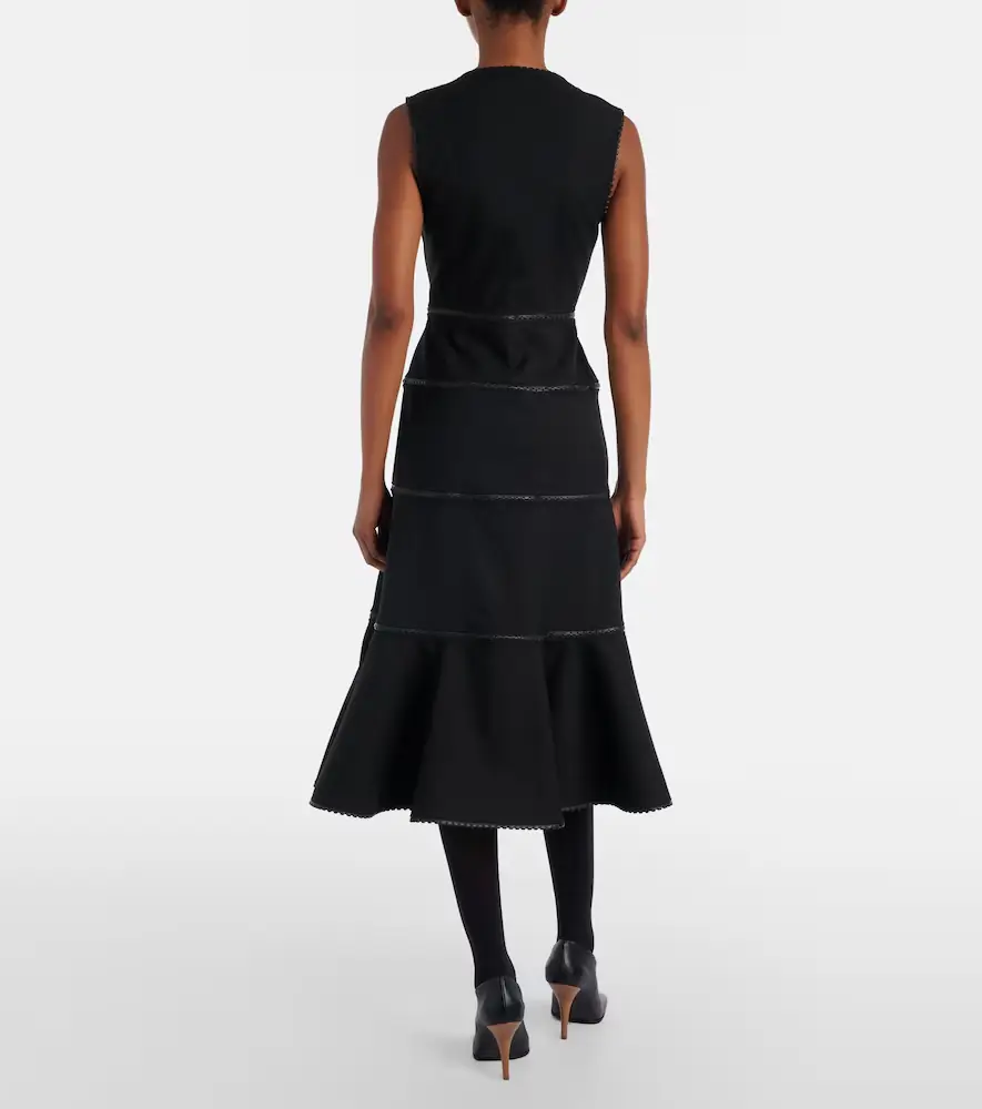 ALAÏA ALAÏA Leather-trimmed wool midi dress | Thumbnail 3