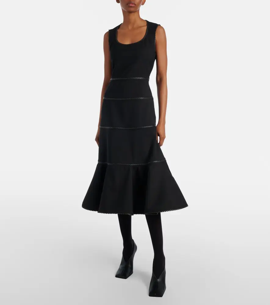 ALAÏA ALAÏA Leather-trimmed wool midi dress | Thumbnail 4