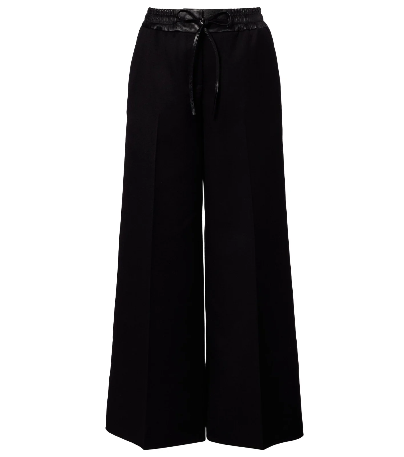 Leather-trimmed virgin wool wide-leg pants