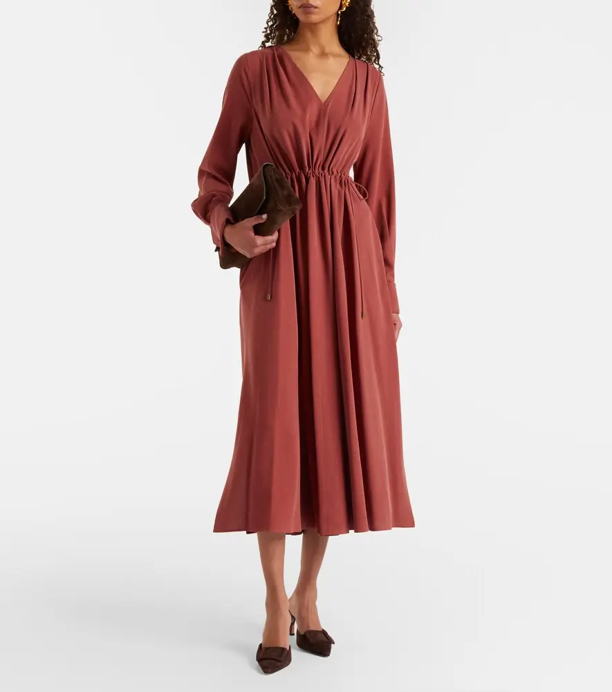 Max Mara Full gathered silk canvas midi dress | Thumbnail 3 Max Mara Full gathered silk canvas midi dress | Thumbnail 3