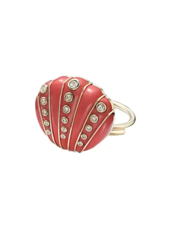 Yvonne Léon Coquillage Corail 9kt gold ring with diamonds