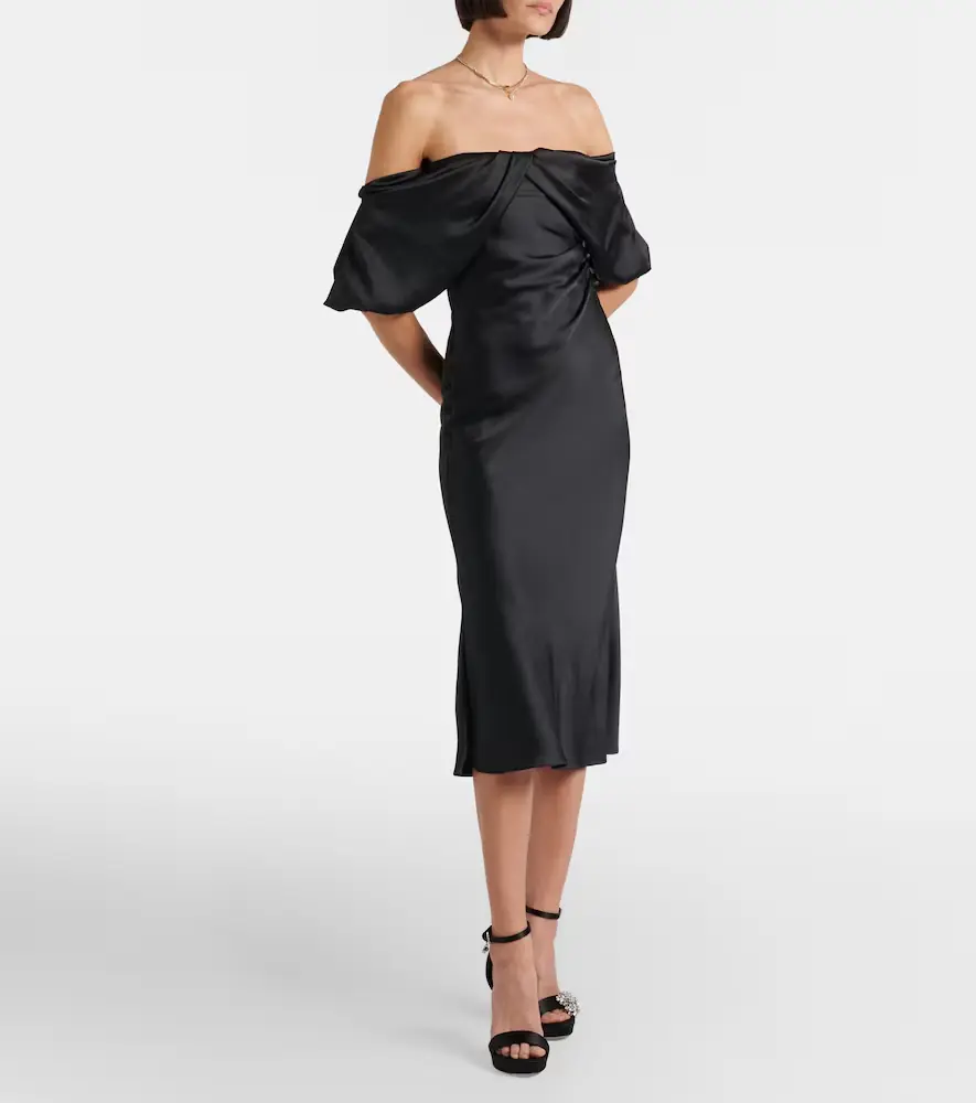 Alexander McQueen Draped off-shoulder satin midi dress | Thumbnail 2 Alexander McQueen Draped off-shoulder satin midi dress | Thumbnail 2