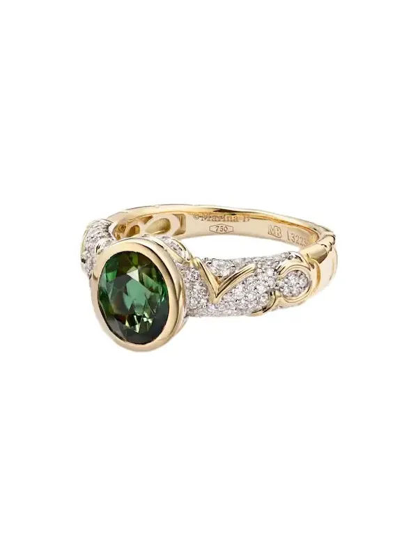 Ondine 18kt yellow gold ring with diamonds and green tourmaline