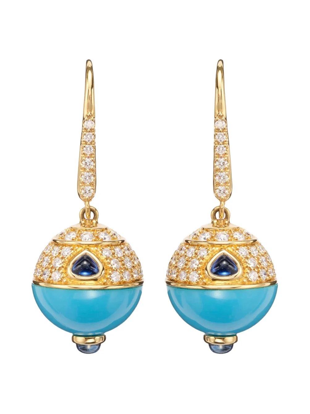 18kt gold earrings with turquoise, sapphire, and diamonds