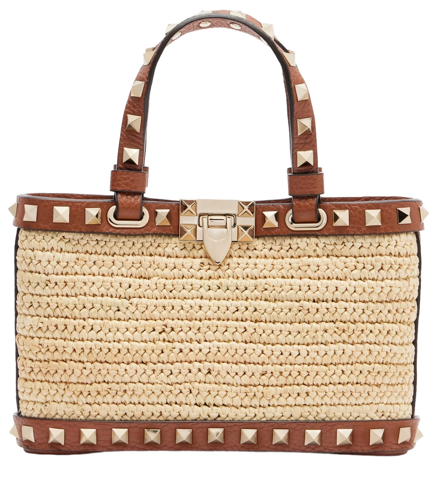 Rockstud Mini raffia tote bag