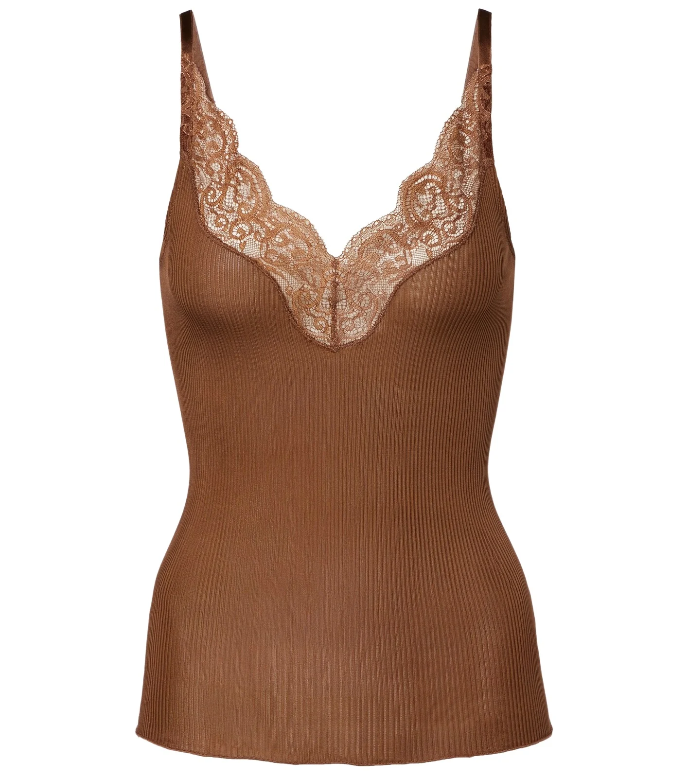 Saint Laurent Lace-trimmed ribbed-knit silk tank top