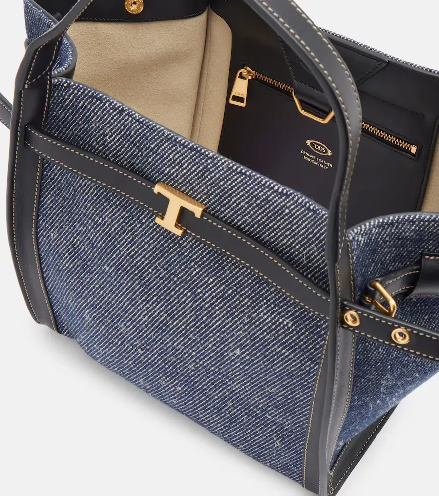 Tod's Tim Small leather-trimmed denim tote bag | Thumbnail 2