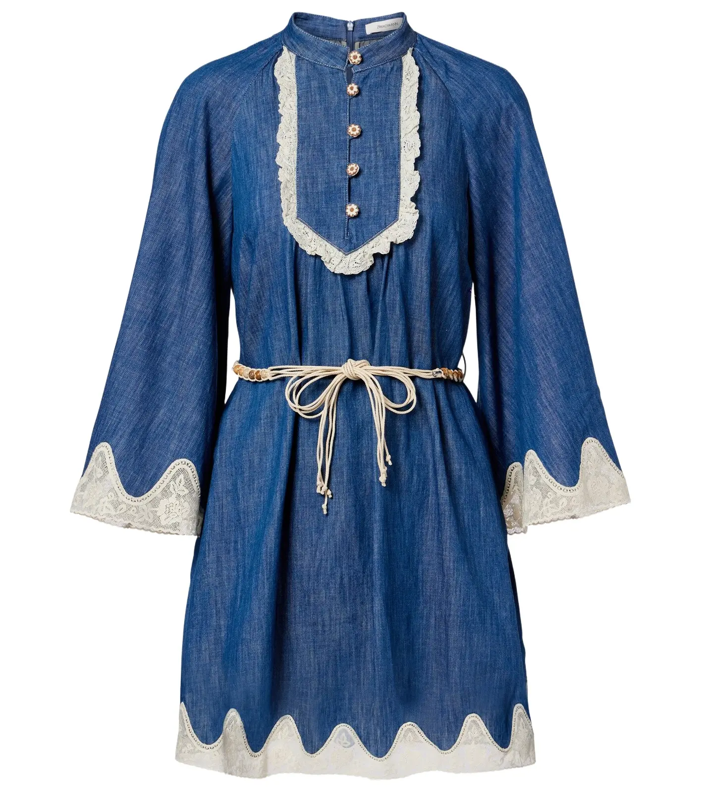 Awaken belted lace-trimmed denim minidress