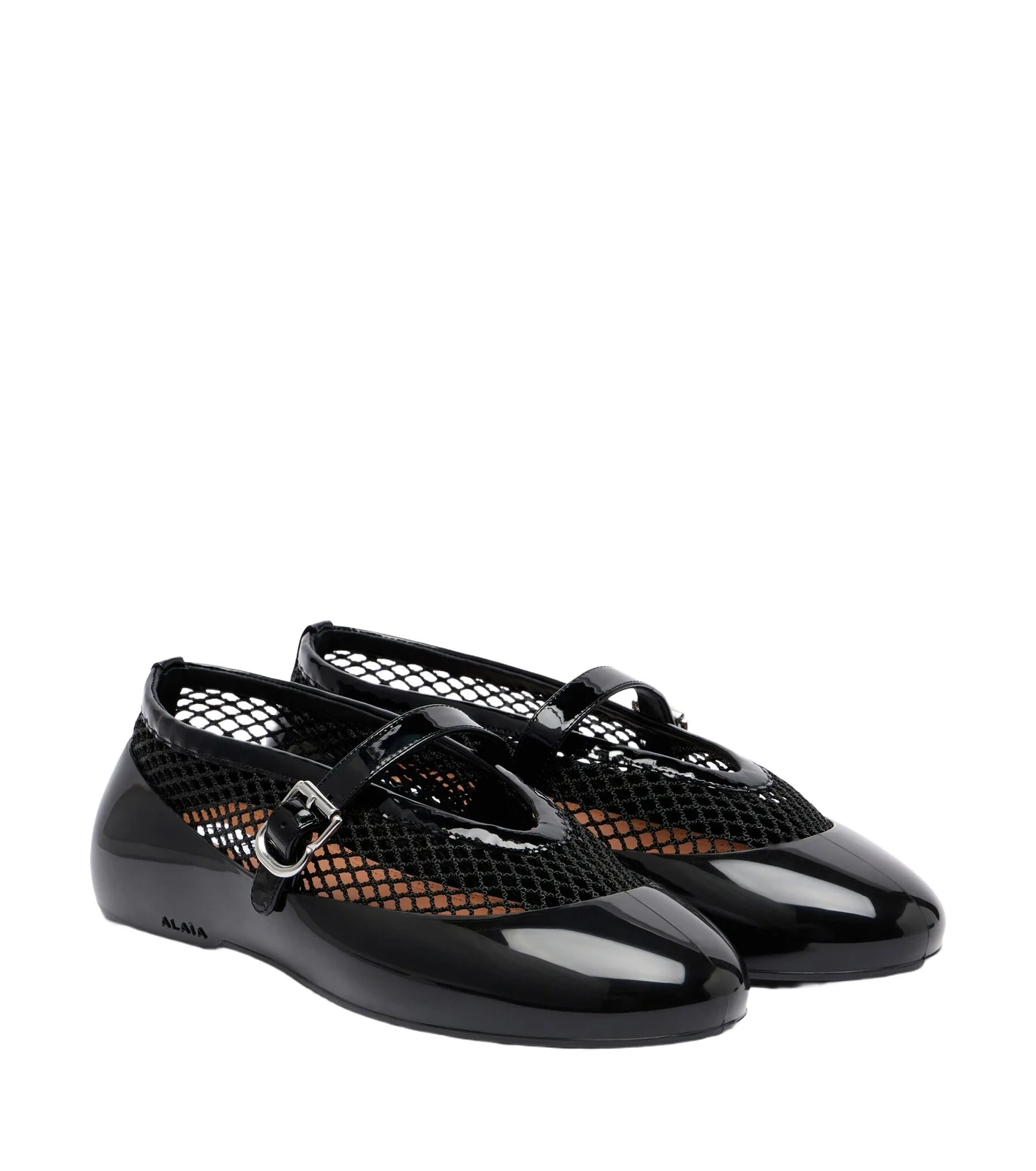 Leather-trimmed fishnet ballet flats