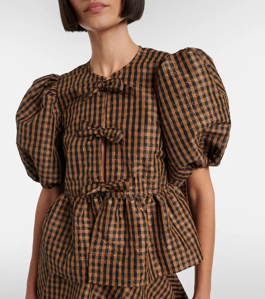 Ganni Bow-detail checked peplum blouse | Thumbnail 2