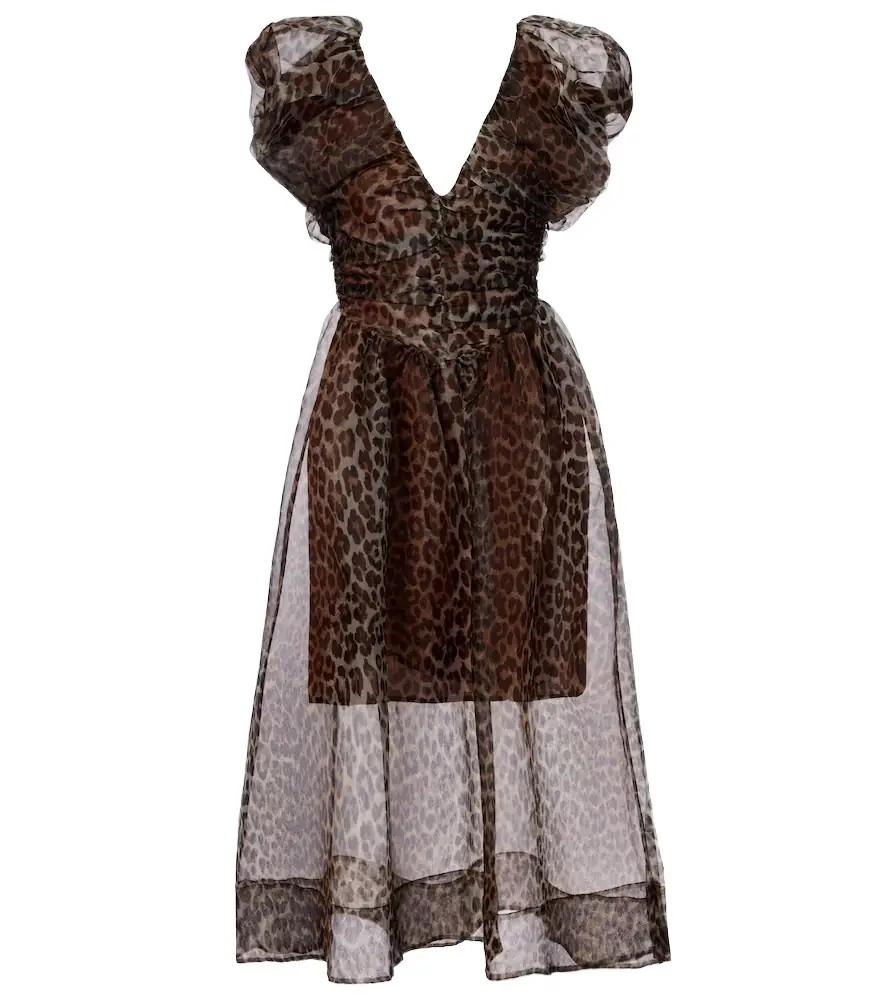 Ganni Leopard-print organza midi dress