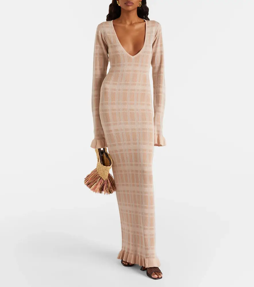 Bananhot Ether checked ribbed-knit ruffled maxi dress | Thumbnail 2