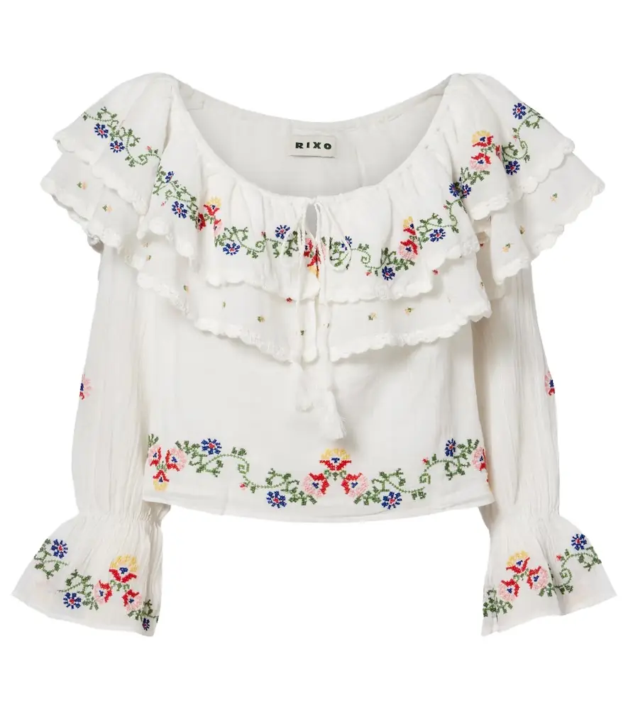 Rixo Maurine embroidered ruffled cotton top | Image 1 Rixo Maurine embroidered ruffled cotton top | Image 1