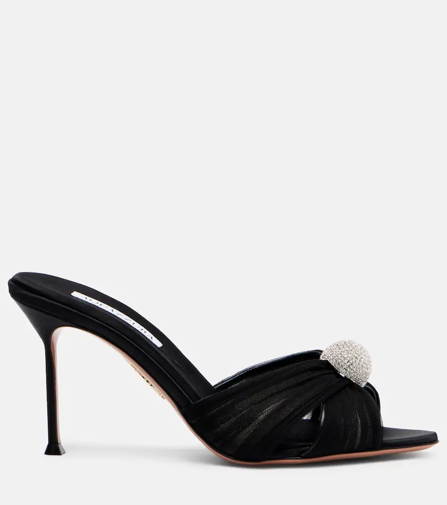 Aquazzura Mystery 85 embellished leather-trimmed satin mules | Thumbnail 2