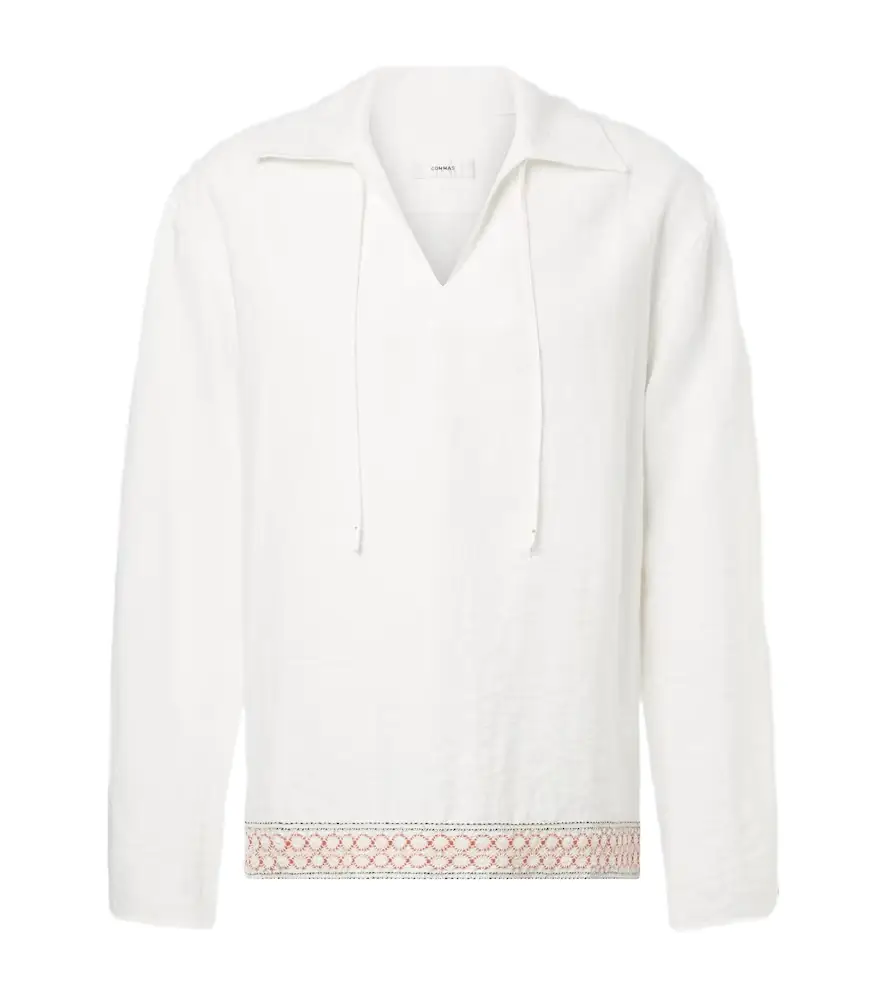 Commas Crochet-trimmed tie-neck linen-blend shirt | Image 1 Commas Crochet-trimmed tie-neck linen-blend shirt | Image 1