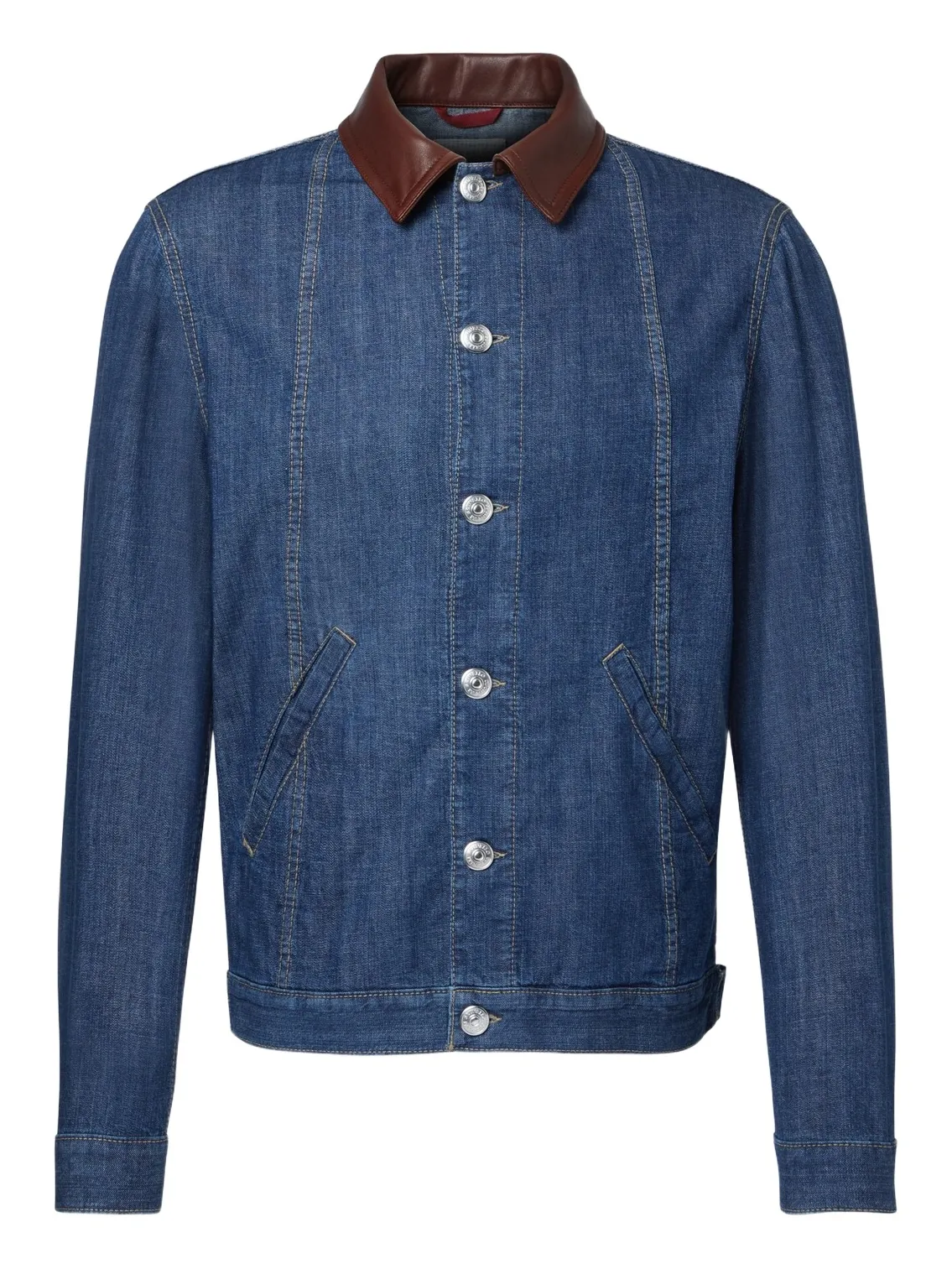 Leather-trimmed denim jacket Leather-trimmed denim jacket