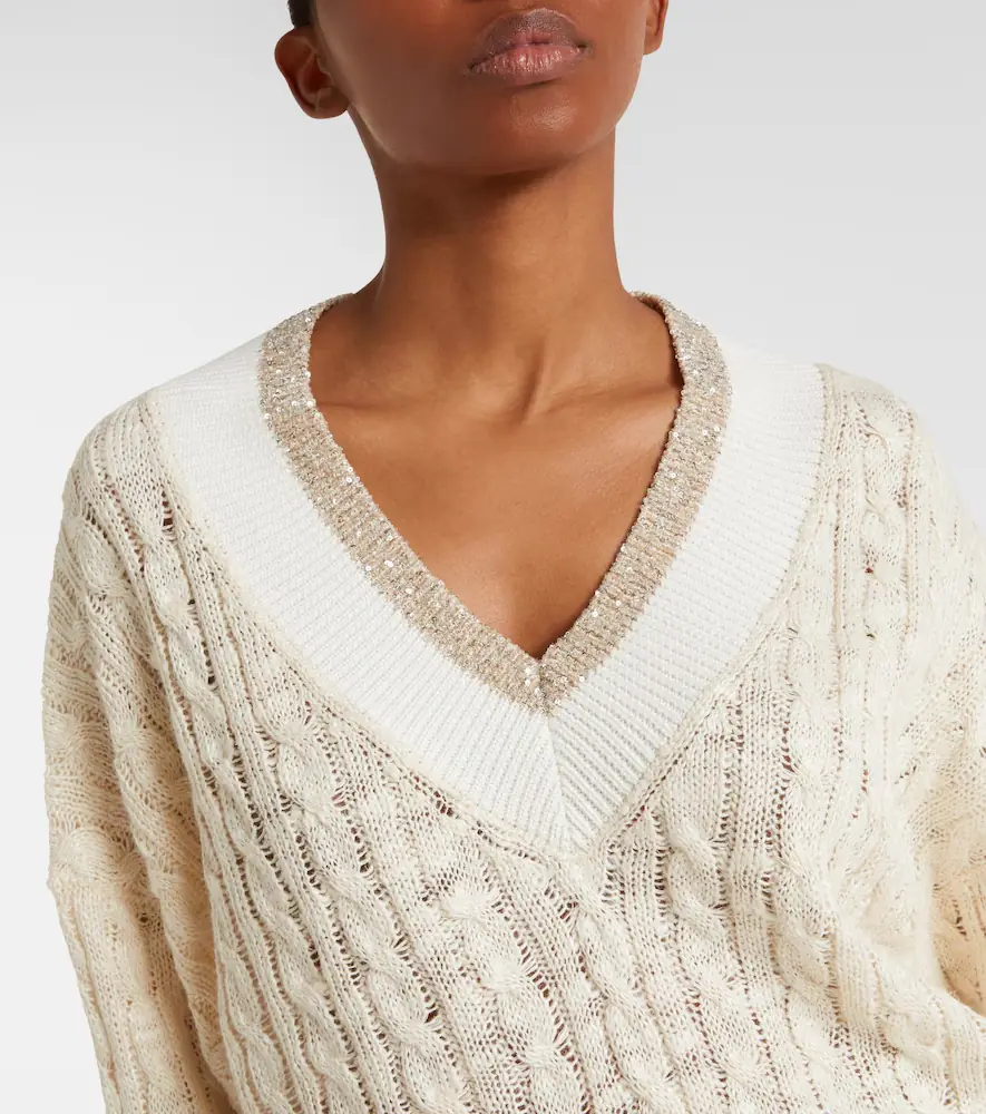 Brunello Cucinelli Cable-knit sequined hemp, silk, and cotton sweater | Thumbnail 3