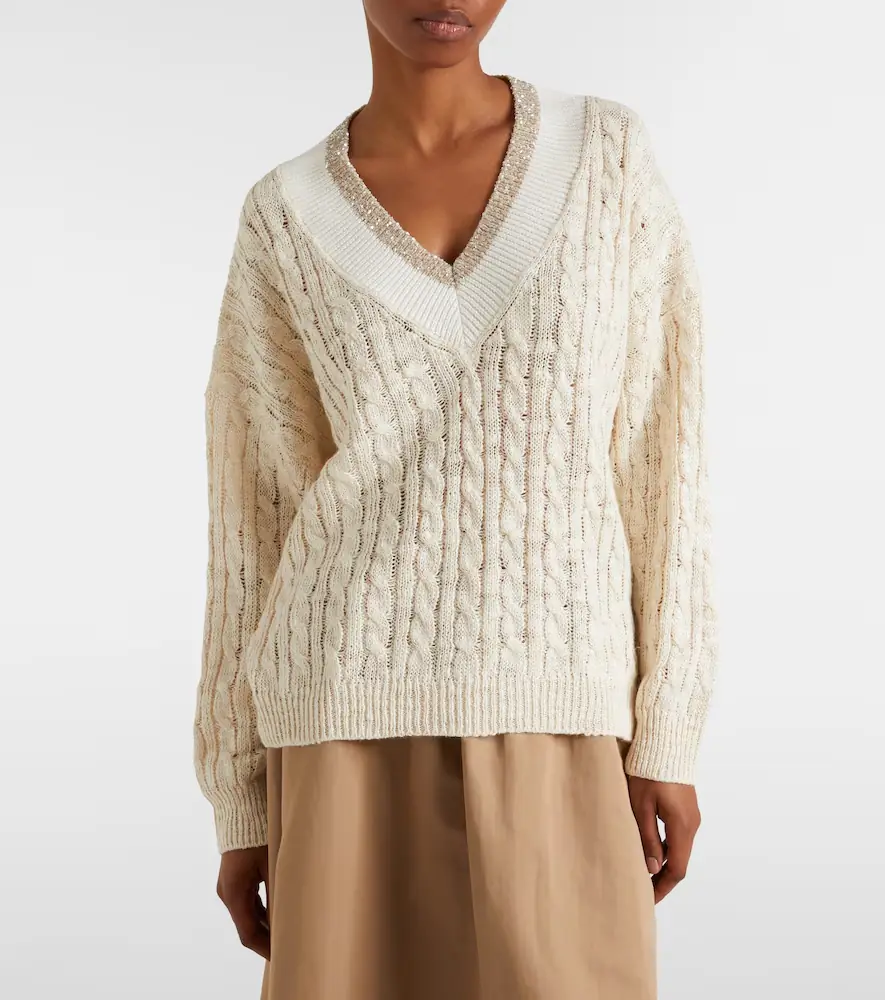Brunello Cucinelli Cable-knit sequined hemp, silk, and cotton sweater | Thumbnail 4