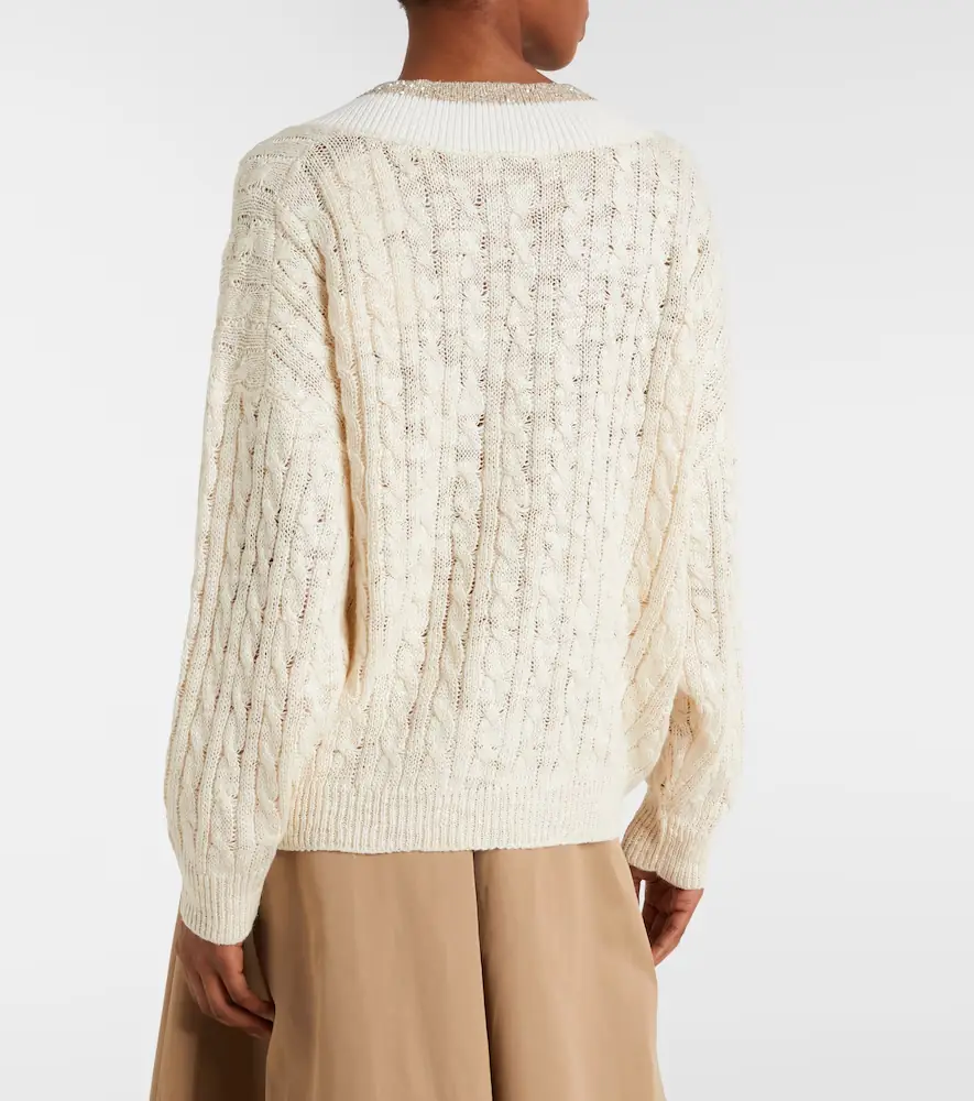 Brunello Cucinelli Cable-knit sequined hemp, silk, and cotton sweater | Thumbnail 5