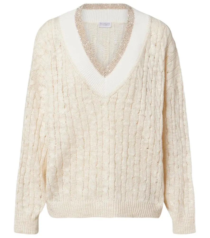 Brunello Cucinelli Cable-knit sequined hemp, silk, and cotton sweater | Image 1 Brunello Cucinelli Cable-knit sequined hemp, silk, and cotton sweater | Image 1