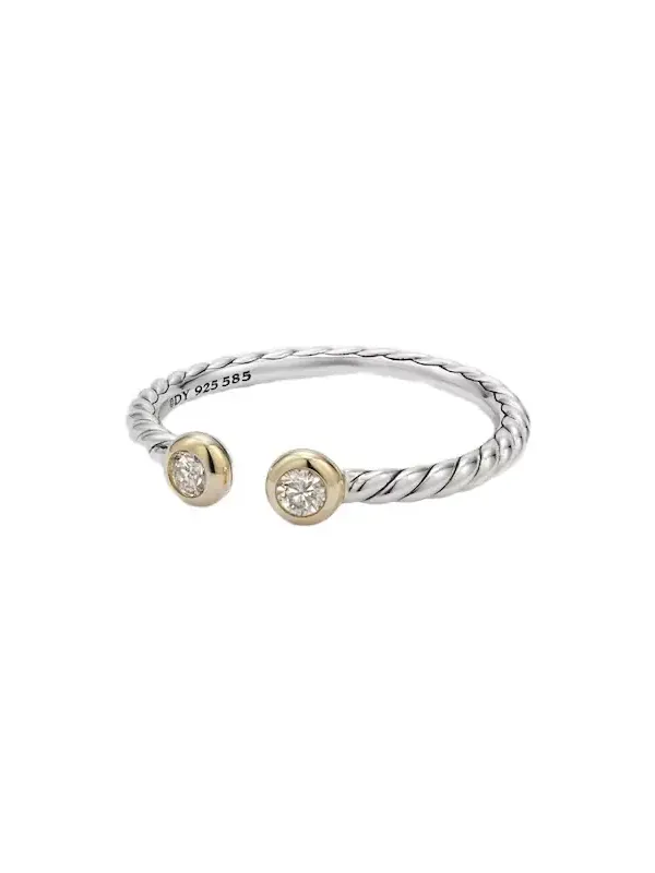 Cable Open sterling silver and 14kt gold ring with diamonds Cable Open sterling silver and 14kt gold ring with diamonds