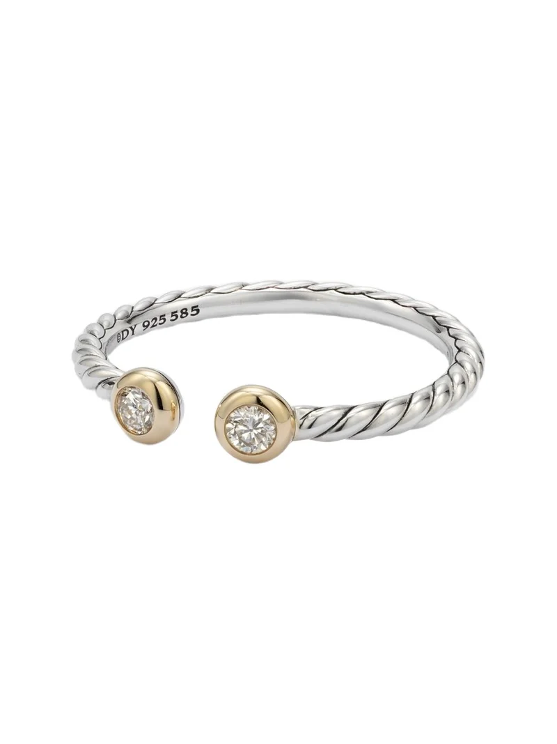 Cable Open sterling silver and 14kt gold ring with diamonds