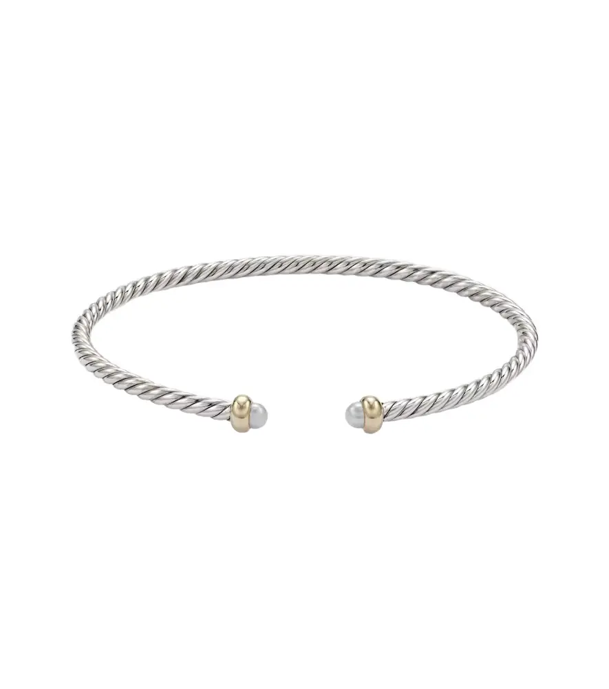 David Yurman Micro Cable Flex sterling silver and 14kt gold cuff bracelet with pearls