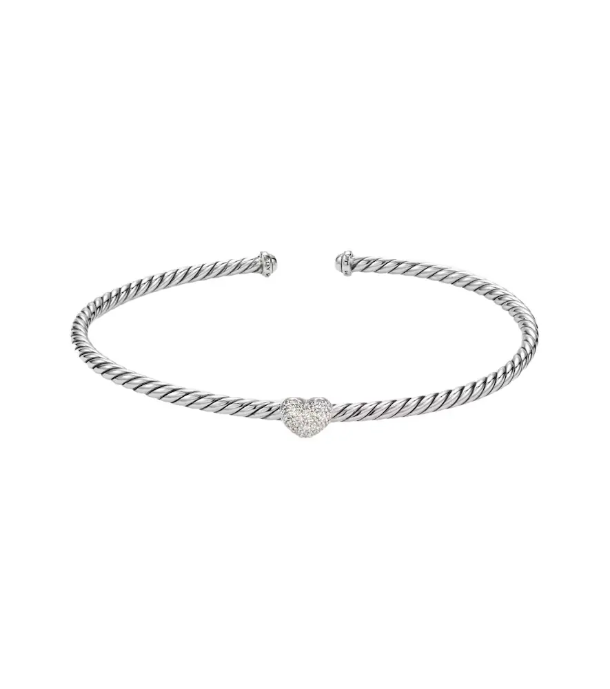 Cable Flex Heart Micro sterling silver cuff bracelet with diamonds Cable Flex Heart Micro sterling silver cuff bracelet with diamonds