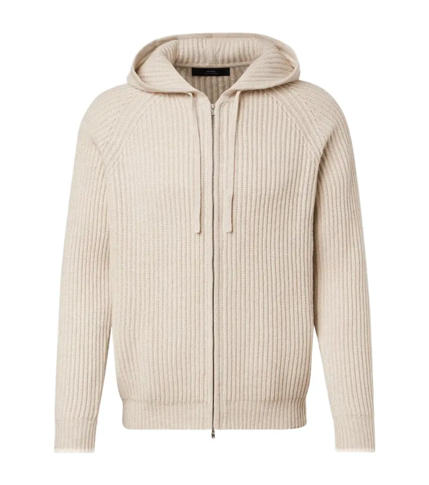 Hooded ribbed-knit cashmere zip-up cardigan