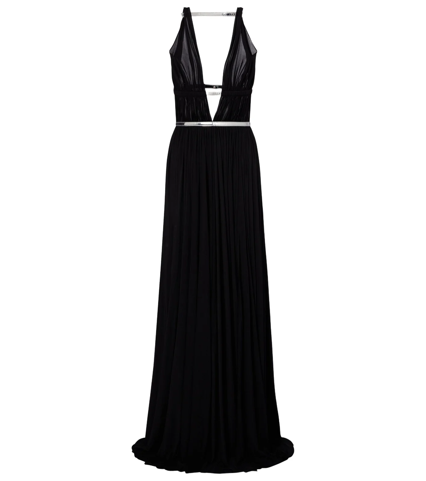 Leather-trimmed draped gown