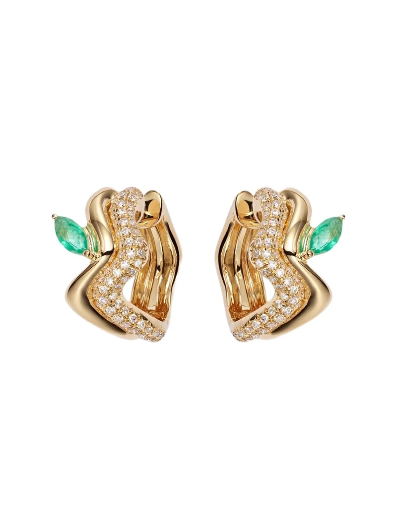 Wave 18kt gold huggie earrings with diamonds and emeralds Wave 18kt gold huggie earrings with diamonds and emeralds