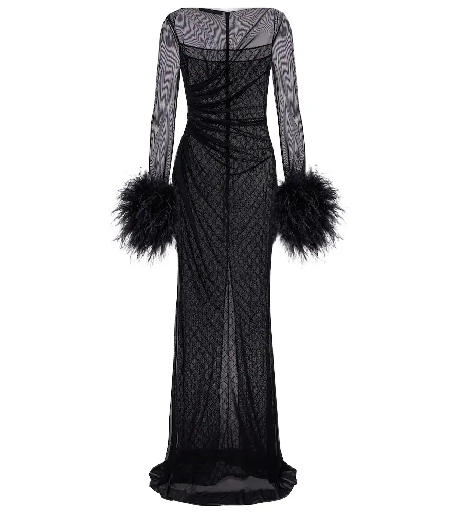 Gucci GG feather-trimmed sheer gown | Image 1 Gucci GG feather-trimmed sheer gown | Image 1