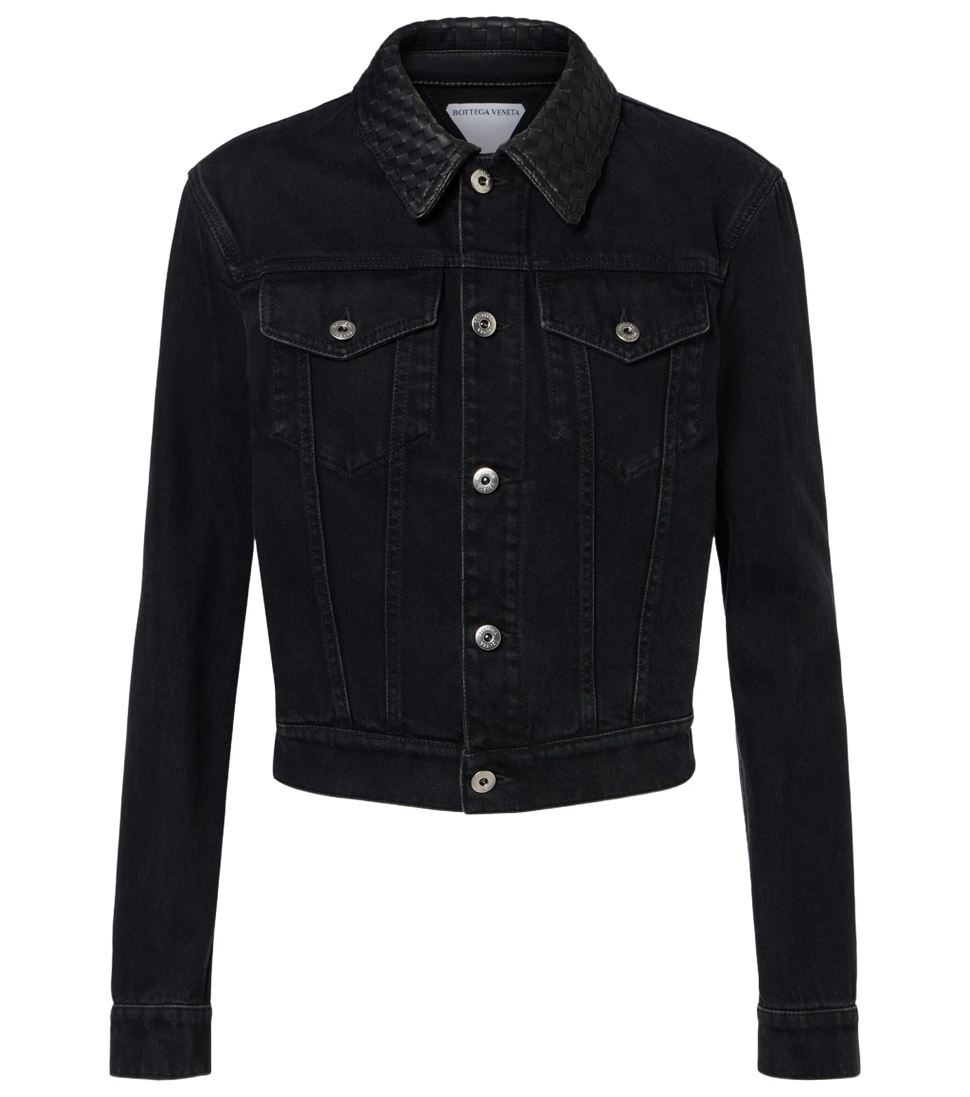 Intrecciato leather-trimmed denim jacket Intrecciato leather-trimmed denim jacket