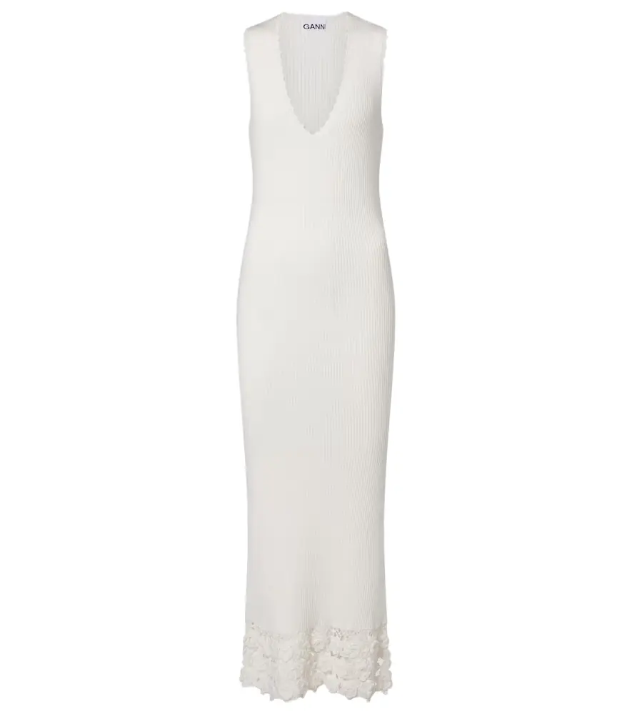 Ganni Crochet-trimmed ribbed cotton-blend midi dress
