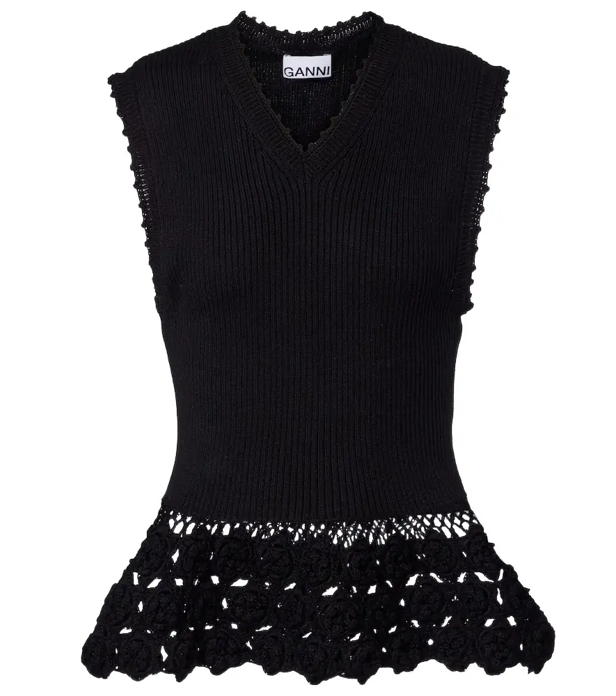 Ganni Crochet-trimmed ribbed cotton-blend top
