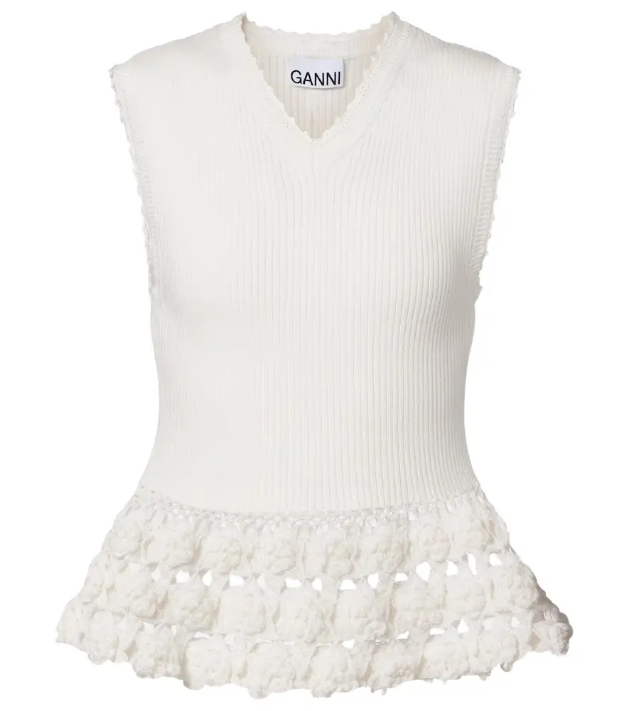 Ganni Crochet-trimmed ribbed cotton-blend top