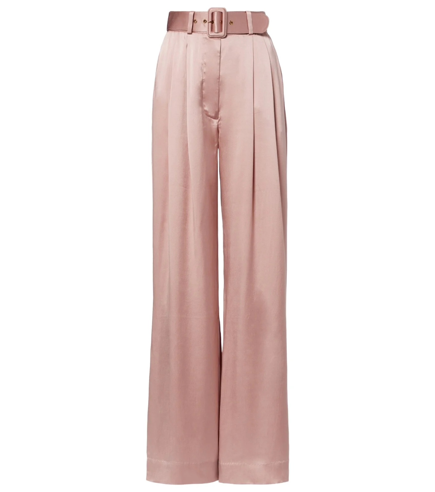 Belted pleated silk satin wide-leg pants
