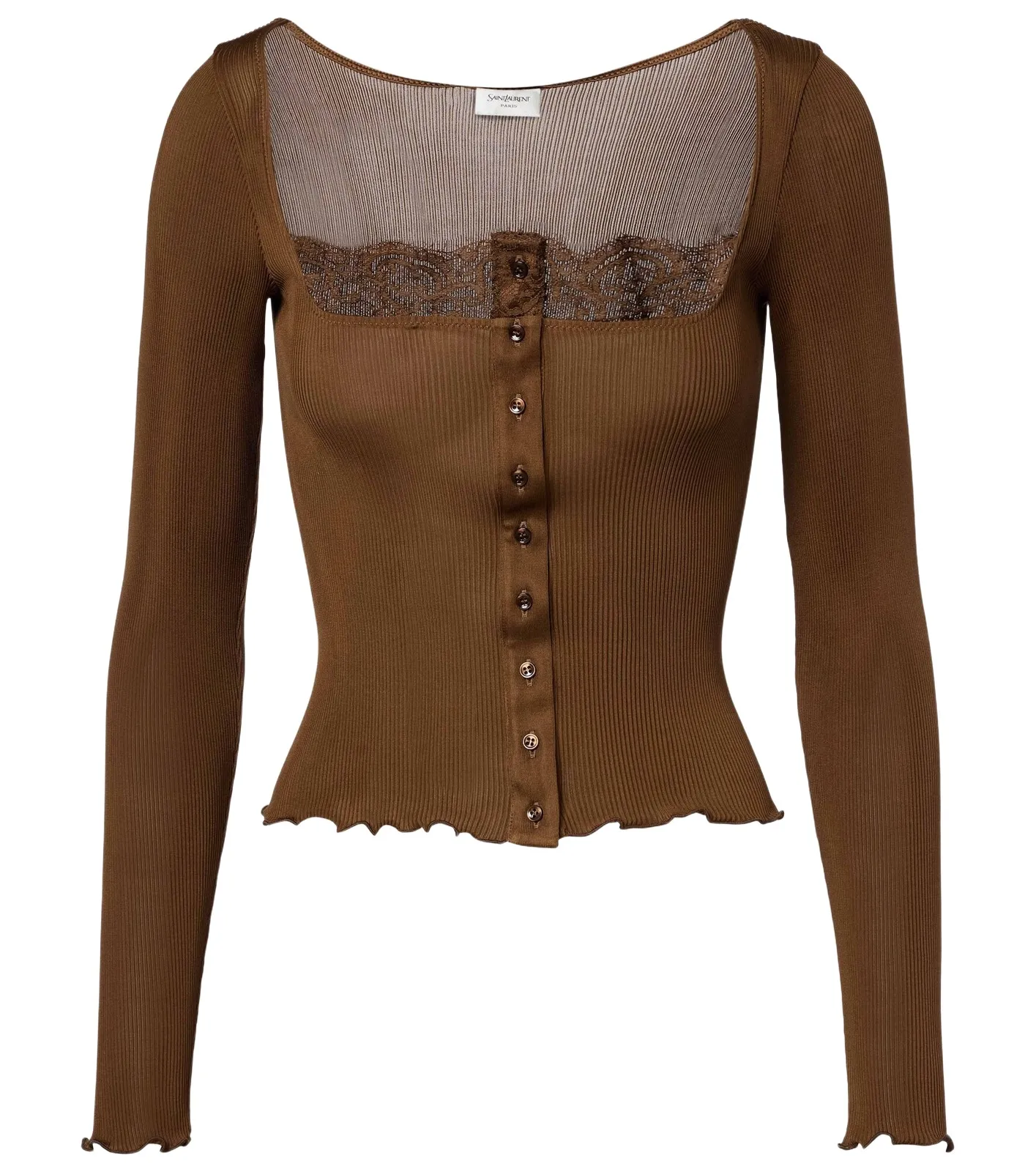 Saint Laurent Lace-trimmed ribbed-knit silk jersey top