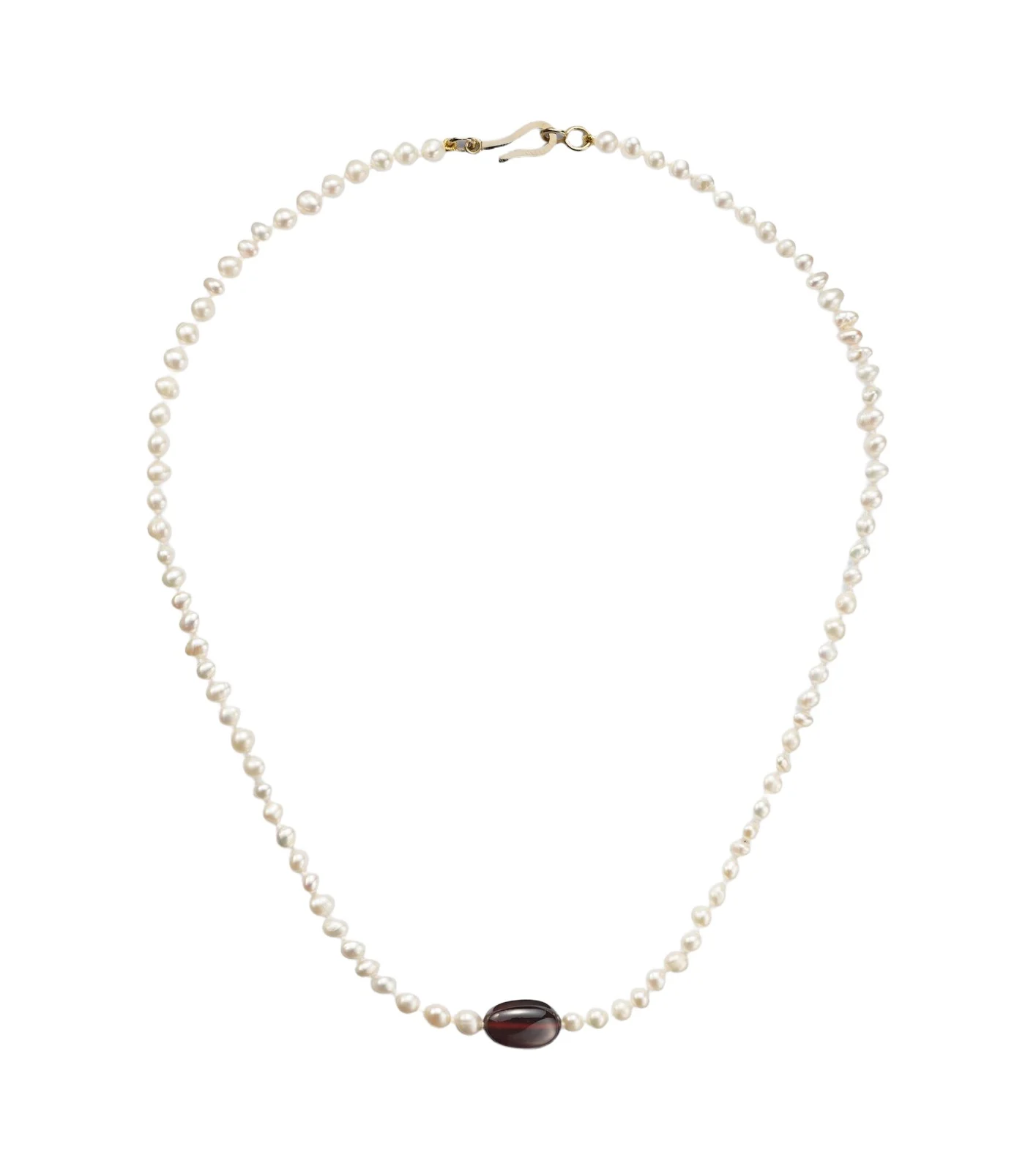 9kt gold beaded necklace with freshwater pearls and hessonite