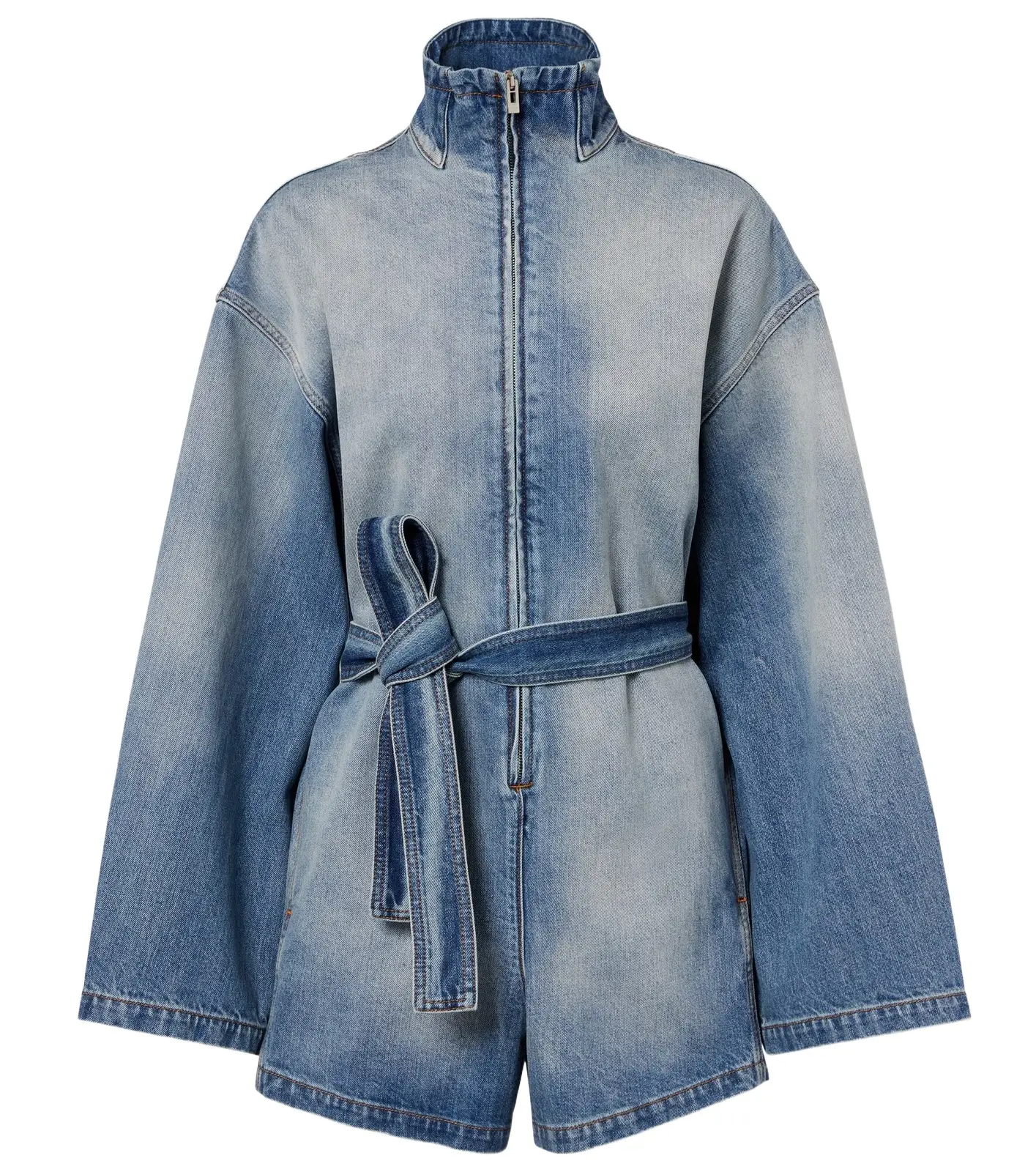 Belted cotton denim romper Belted cotton denim romper