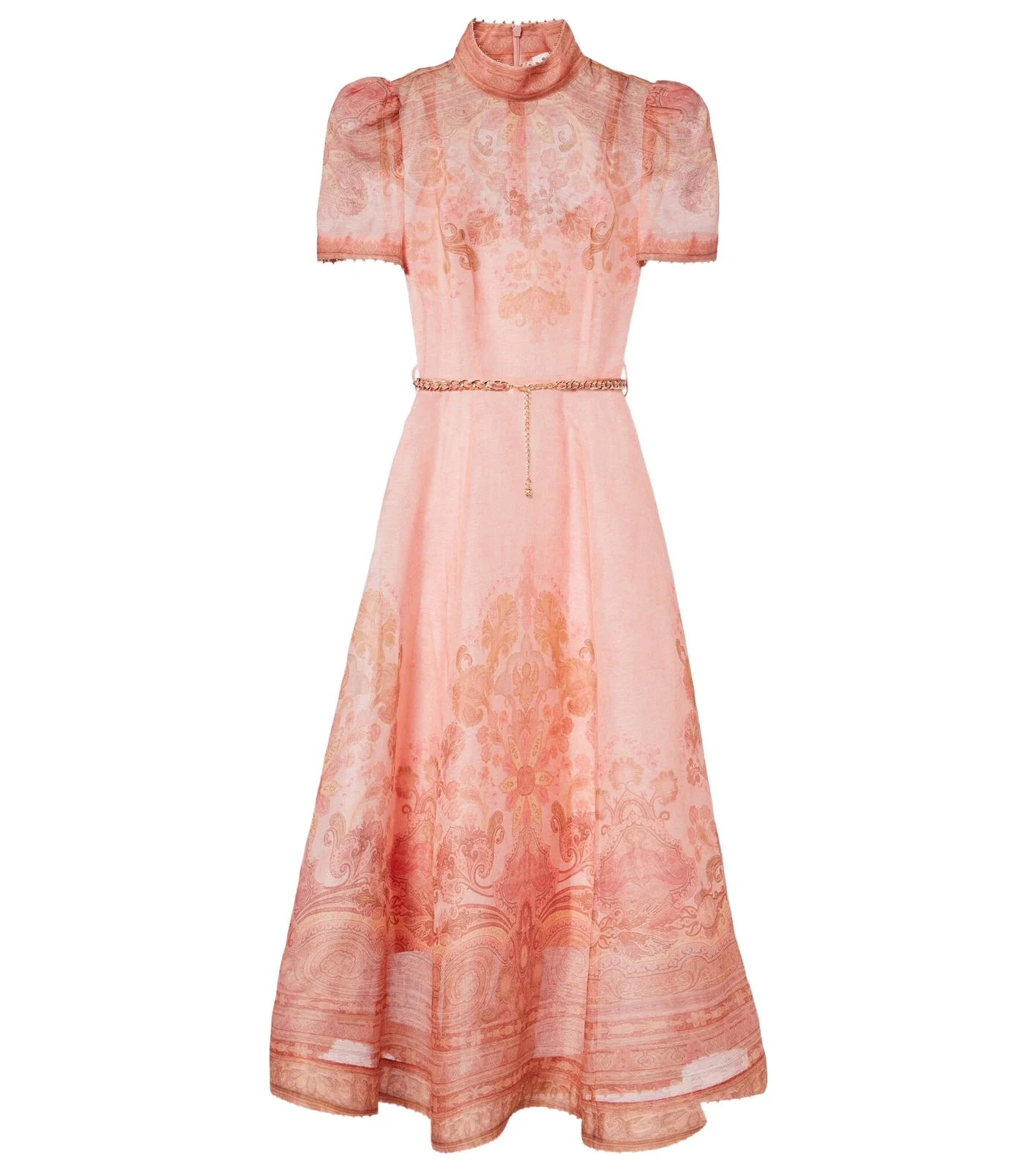 Belted paisley linen and silk midi dress