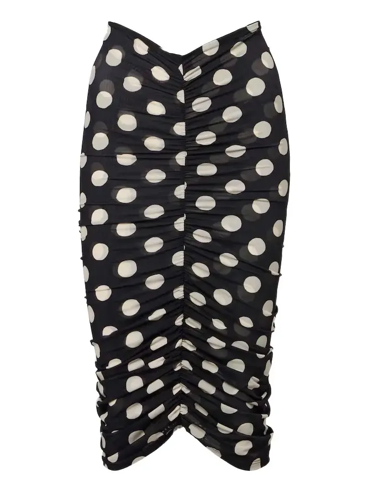 Polka-dot ruched mesh midi skirt